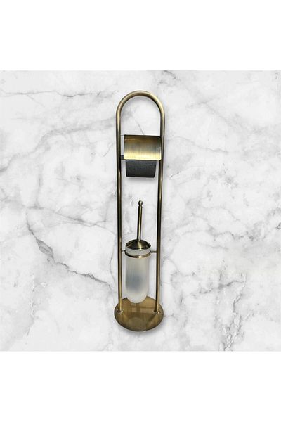 İSAOĞLU YAPI Antique Gold Pedestal Toilet Roll Holder and Toilet Bowl Brush Vintage Design Brass Material Antique Brush