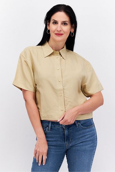 Esprit Women Spread Neck Short Sleeves Solid Shirt, Beige
