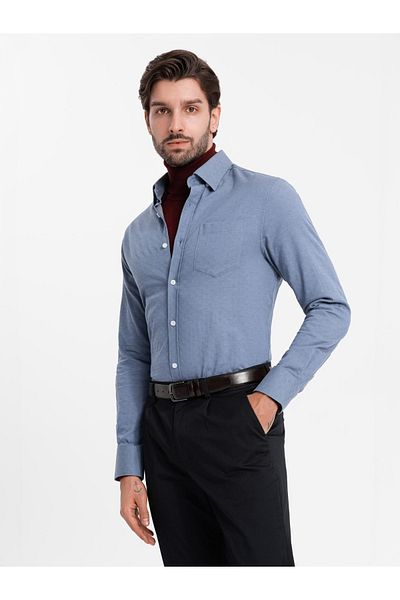 OMBRE Pánská SLIM FIT košile z ozdobné látky s kapsou - modrá OM-SHCS-0174 M