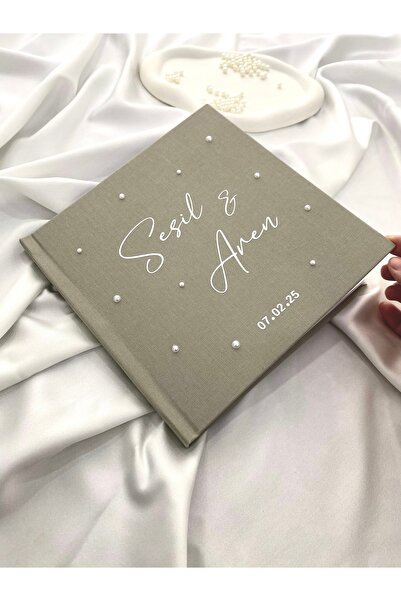 Norm Design Gri Keten Düğün Anı Defteri ve İnci Süsleme, İsme Özel Hatıra Def...