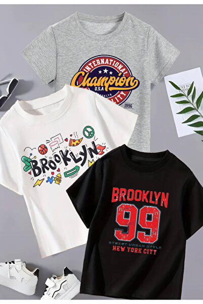 twins tailors Παιδικό μπλουζάκι Brooklyn Newyork Printed 3 Pack Unisex Μαύρο-...