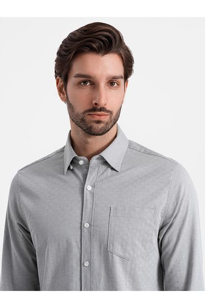 OMBRE Pánská SLIM FIT košile z ozdobné látky s kapsou - šedá V2 OM-SHCS-0174 M