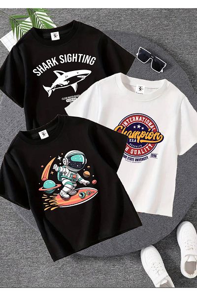 twins tailors Pachet de 3 tricouri pentru copii alb-negru cu imprimeu unisex Shark Sighting