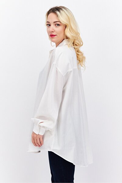 Esprit Women Oversize Pointed Neck Long Sleeve Solid Blouse, White