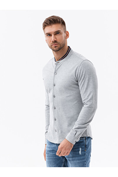 OMBRE Pánská bavlněná košile SLIM FIT s límečkem - šedá V5 OM-SHCS-0178 XL