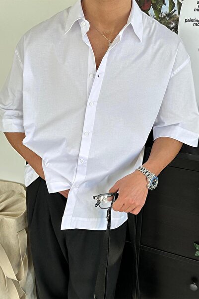 HAFKAGİYİM Λευκό Basic Oversize κοντομάνικο πουκάμισο