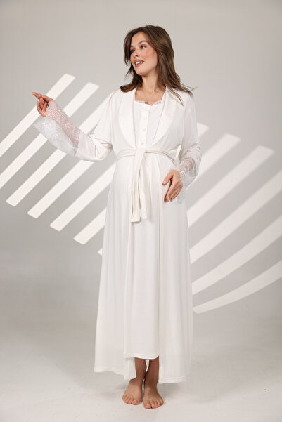 LOHOUSE طقم ثوب نوم نسائي من القطن برقبة دانتيل وأكمام - طقم من قطعتين