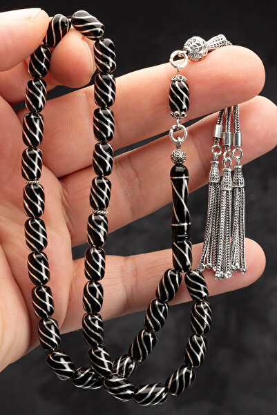 OTTOTESBİH 6'lı Gümüş Yarma 7x11mm Kapsül Kesim Gümüş Işlemeli Oltu Tespih Er...