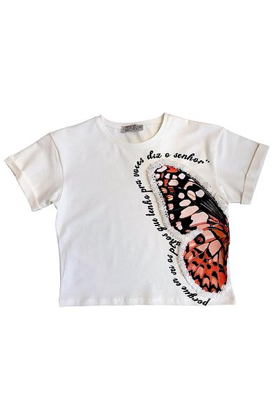 Little Star Girl's Big Butterfly Print and Chiffon Accessory Tshirt