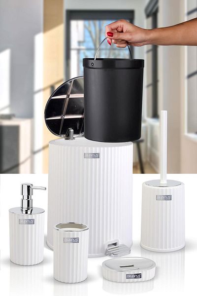 Okyanus Home Σετ μπάνιου Coliseum White Chrome 5 τεμαχίων με εσωτερικό κουβά και πεντάλ