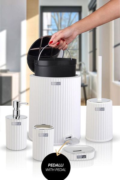 Okyanus Home Σετ μπάνιου Coliseum White Chrome 5 τεμαχίων με εσωτερικό κουβά και πεντάλ