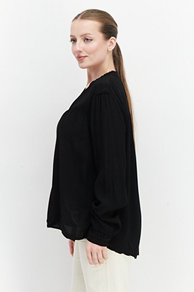 Esprit Women Split Neck Long Sleeve Textured Blouse Top, Black