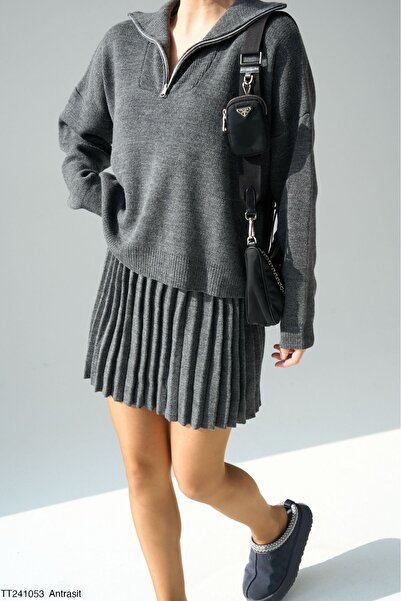 Lupies Kadın Krem Fermuarlı Kazak-Pileli Etek Triko Takım