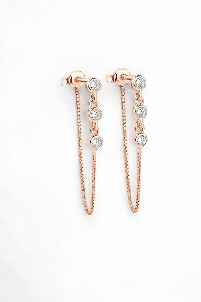 jelux silver 925 Ayar Gümüş Tria Zirkon Taşlı Zincirli Rose Küpe