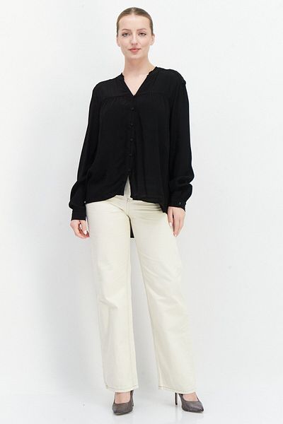 Esprit Women Split Neck Long Sleeve Textured Blouse Top, Black