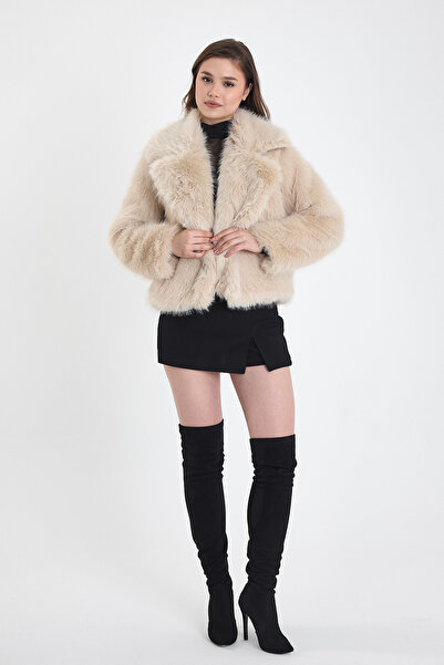 Human Base Kadın Bej Uzun Tüylü Suni Kürk Ceket - Birmingham Kürk Ceket