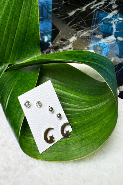 MOONİ ACCESSORİES Çelik Ay Yıldız Zirkon Taşlı Yuvarlak 3'lü Set Gümüş Silver Renk 316L Küpe