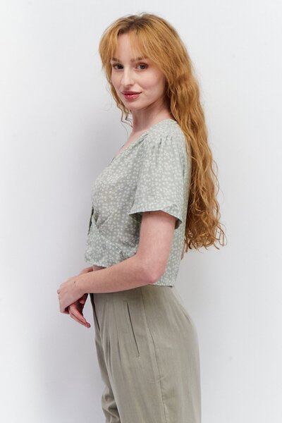 NA-KD Women V Neck Short Sleeve Floral Print Blouse, Sage