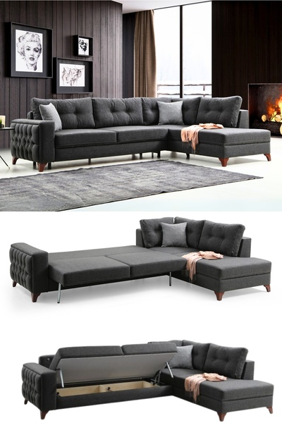 Velura Home & Living Nola Köşe Takımı & Mekanizmalı Köşe Koltuk - Antrasit Ke...