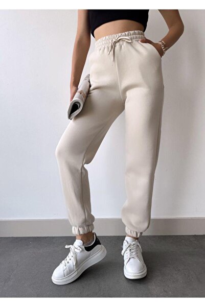 THE WHITE Women's Cream Color Jogger Rubber Leg Winter Sweatpants