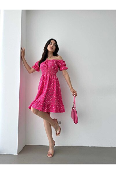 Sunlit Collections Kadın Pembe Çiçek Desenli Gipeli Bürümcük Yazlık Elbise