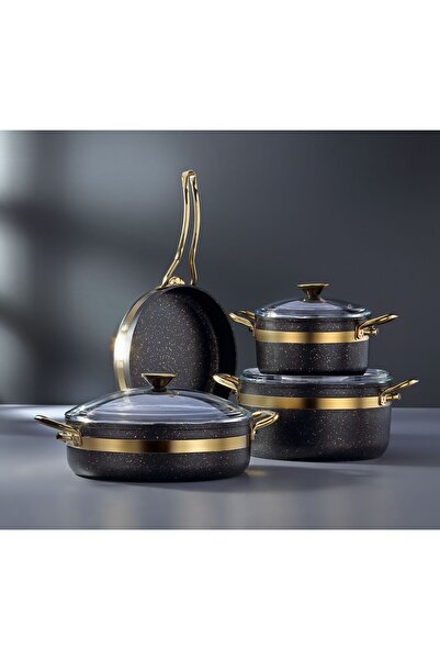 Bonera طقم أواني طهي جرانيت نيلي مكون من 7 قطع - أسود وذهبي