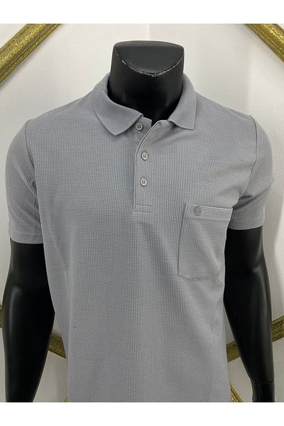 Sadık Collection Ανδρικό μπλουζάκι Ercan μεγάλου μεγέθους Polo με λαιμόκοψη από ύφασμα βάφλα - Γκρι 4009