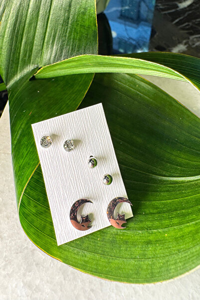 MOONİ ACCESSORİES Çelik Ay Yıldız Zirkon Taşlı Yuvarlak 3'lü Set Gümüş Silver Renk 316L Küpe