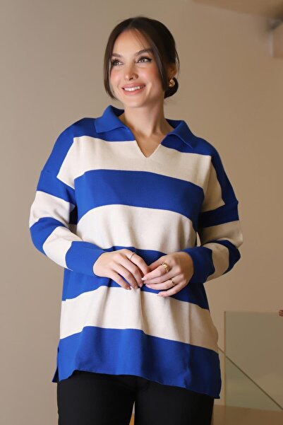 Nazen Giyim V-Neck Striped Cobalt Blue Ecru Women's Knitting Sweater 5208-2K5