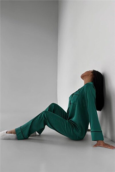 COCCOLARSI Kadın Düz Benetton Yeşili Saten Uzun Pijama Takımı
