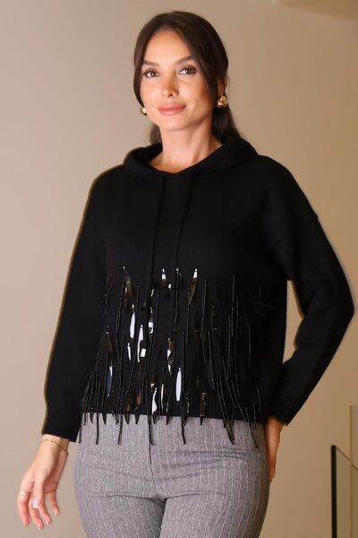 Nazen Giyim Hooded Beads Embroidered Black Women's Sweater 120-2K5