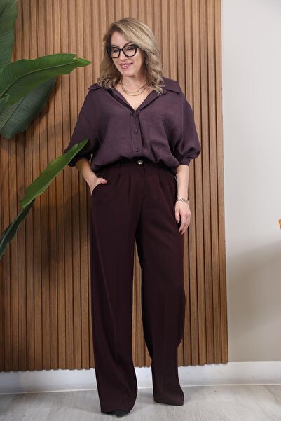 MİSLİNA BUTİK Gold Düğme Detay Bordo Palazzo Pantolon