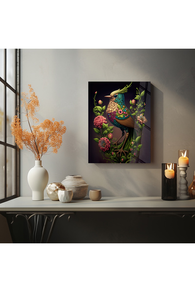 Colorful Bird Desenli Cam Tablo - Dekoratif Cam Tablo
