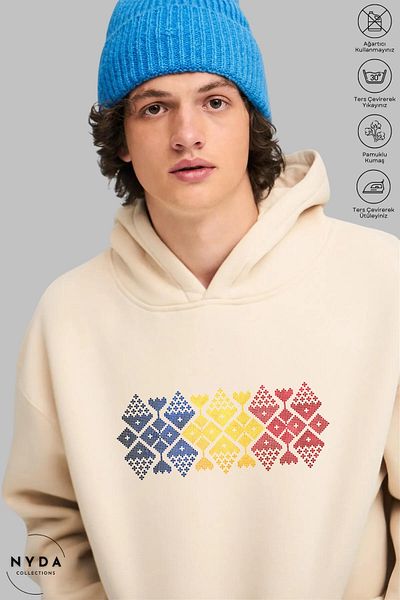 Nyda Collections Unisex Hoodie Long Sleeve Romania Cusatura Printed Hooded Raster Oversize Cotton Sweatshirt