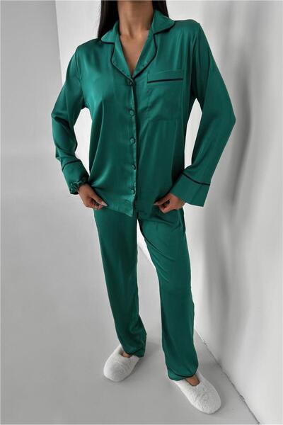 COCCOLARSI Kadın Düz Benetton Yeşili Saten Uzun Pijama Takımı