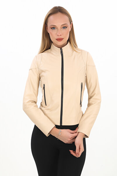 db deriburada original معطف نسائي قصير بسحاب من الجلد الطبيعي - 07