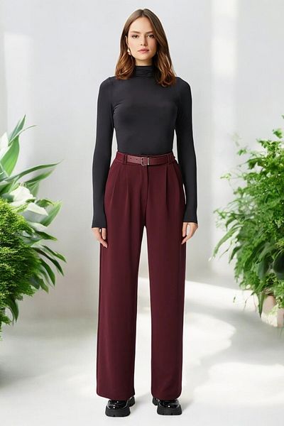 HAKKE Women's Belted Lycra Black Palazzo Pant