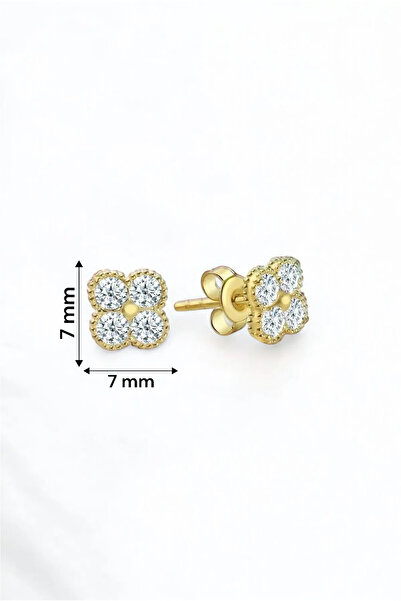 jelux silver Gümüş 925 Ayar Zirkon Taşlı Yonca Model Çivili Gold Küpe