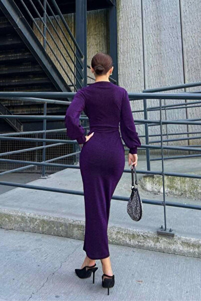 DÖPİYES Kruvaze Yaka Uzun Kol Simli Midi Elbise