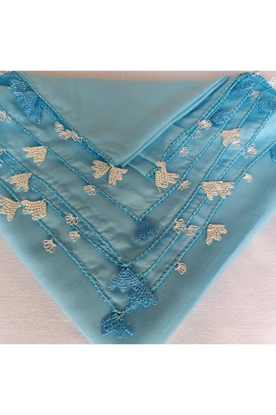 Bircan Hediyelik White Starfish Needlepoint Turquoise Head Covering Prayer Cloth Scarf
