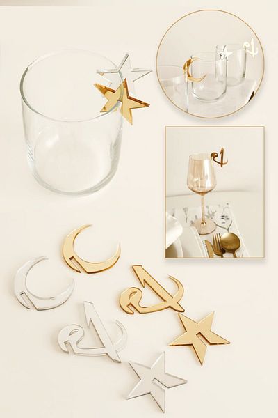 Anadolu Saray 6-Piece Mirrored Plexiglass Gold Silver Design Star Crescent and Elif Vav Motif Cup Tea Cup Edge Ornament