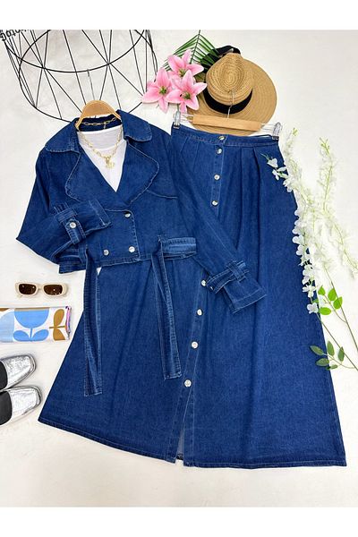 YEDİLALE Denim Jacket Skirt Suit [Antiqued Floor Floor Opened Dark Places Available, Wide Fit]