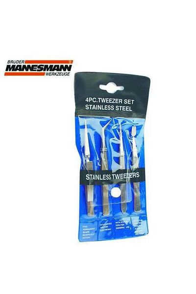 MANNESMAN N 615 Stainless Tweezers Set - 4 Pieces, Flat Point Cross