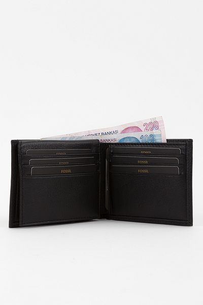 Fossil Boxed Genuine Leather Black Horizontal Men's Hand Portfolio Wallet with Stitching Detail