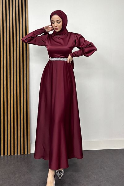 Tesettür Diyarı Evening Dress with Cuffed Sleeves and Stone Detail