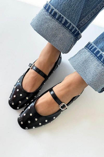 STRASWANS Azure Women's Drop Detail Wrinkled Leather Ballerinas Black