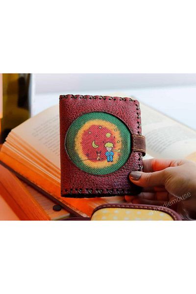 HOODİEMOUSE Little Prince Figured Small Wallet Ethnic Bohemian Retro Style - Burgundy