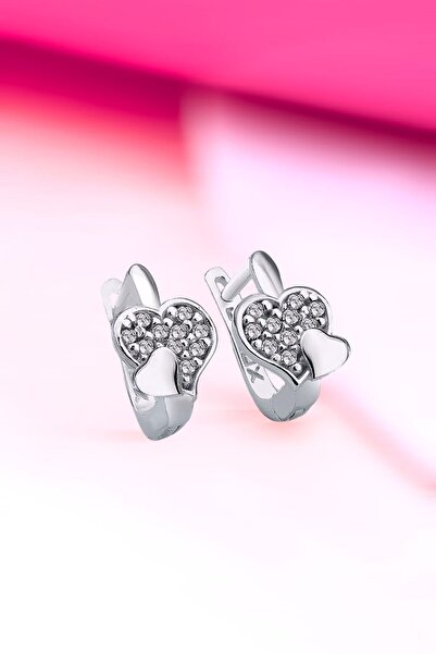 jelux silver 925 Ayar Gümüş Kalp Model Beyaz Zirkon Taşlı Küpe