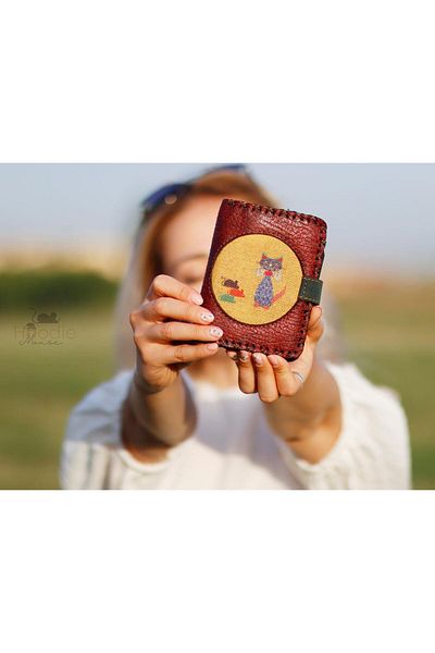 HOODİEMOUSE Cat Mouse Figured Small Wallet Ethnic Bohemian Retro Style - Burgundy