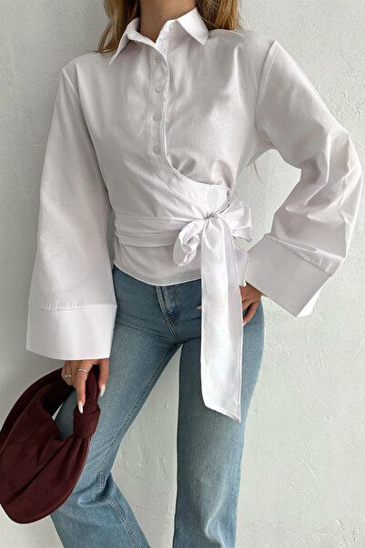 Swana Бяла основна риза - дамска, детайл на вратовръзка